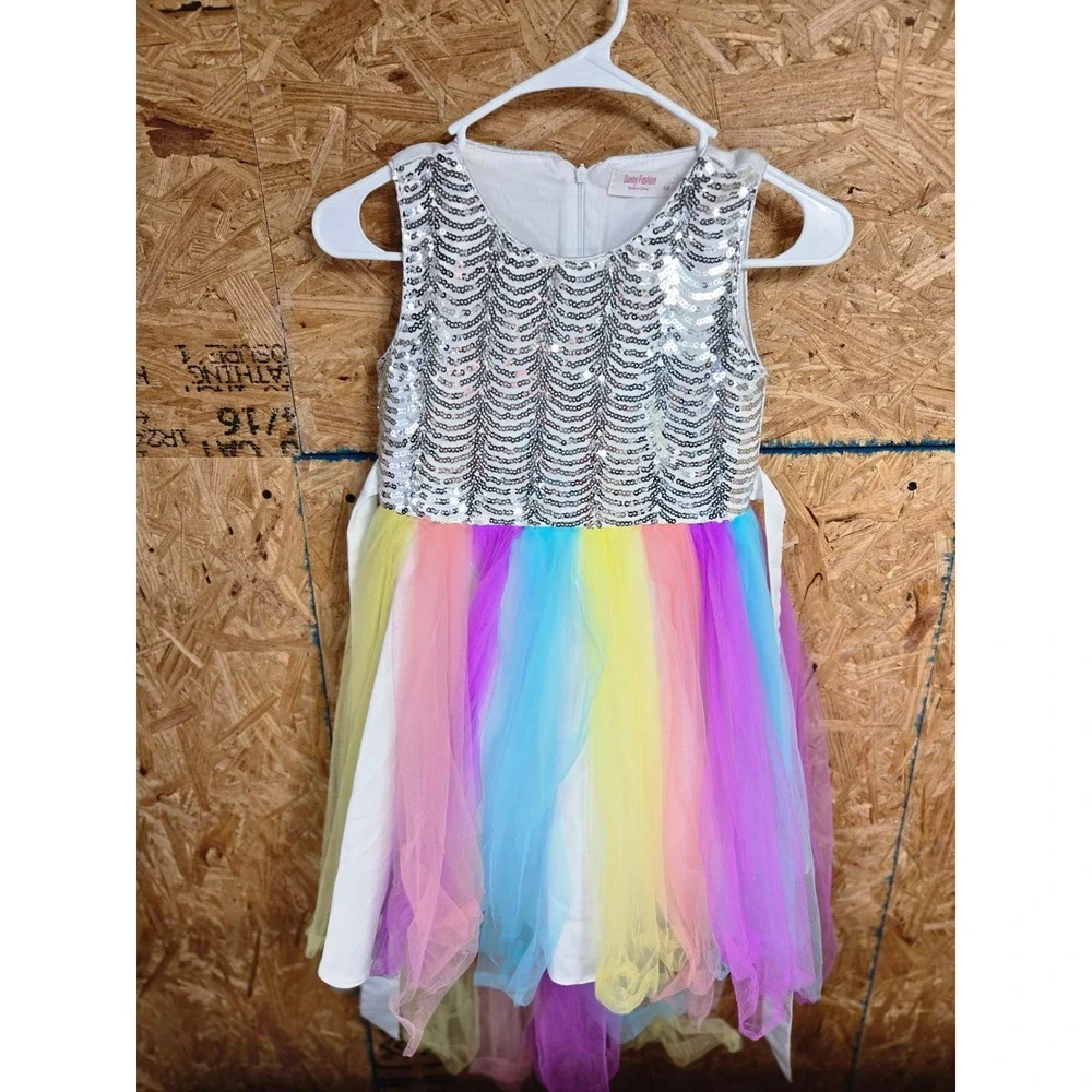 Sunny Fashion Girls Rainbow Tulle Sequin Party Dress Sleeveless Multicolor Sz 10